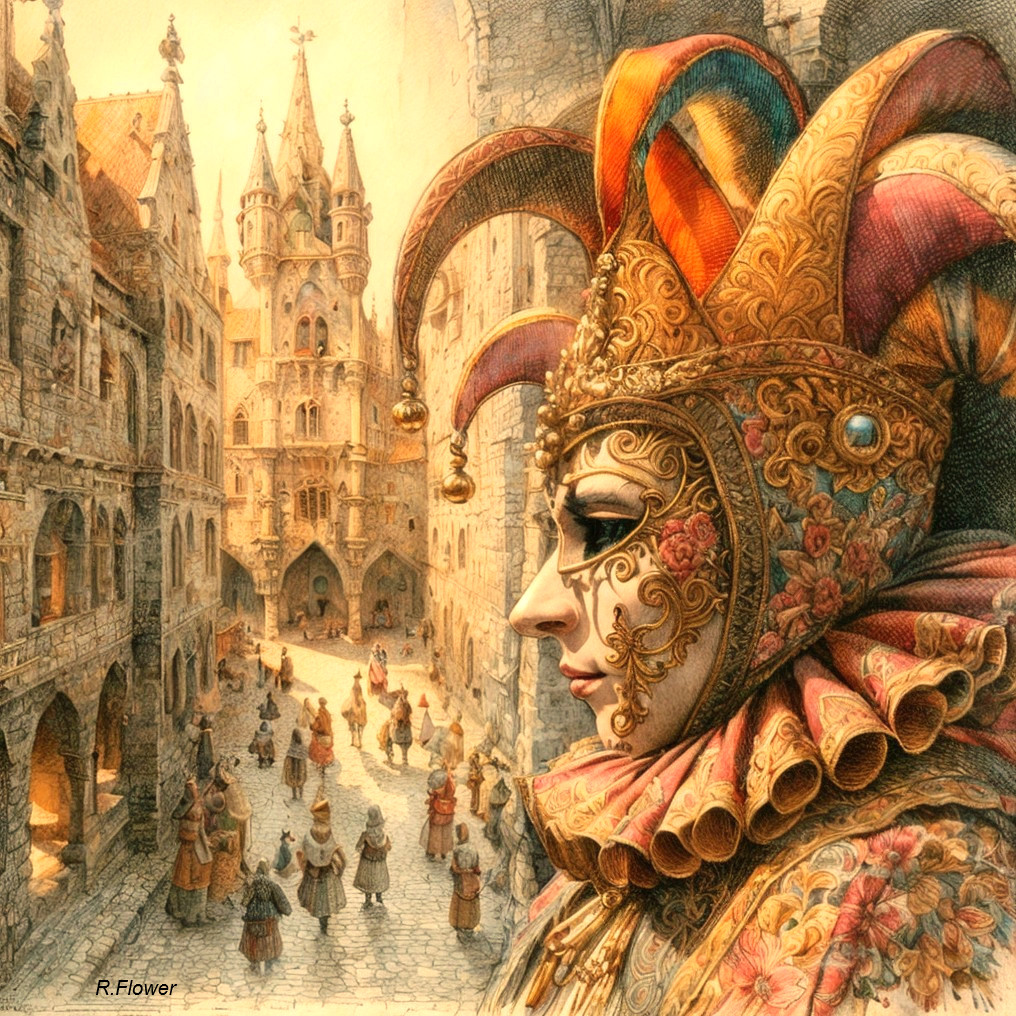 Detailed Venetian Carnival Masked Figure in Medieval European Street Scene