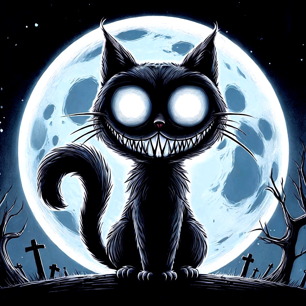 Spooky Black Cat with Glowing Eyes and Full Moon