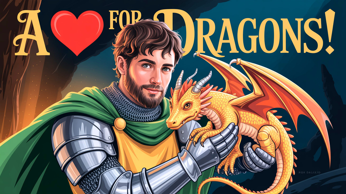 Medieval Hero with Golden Dragon in Fantasy Landscape