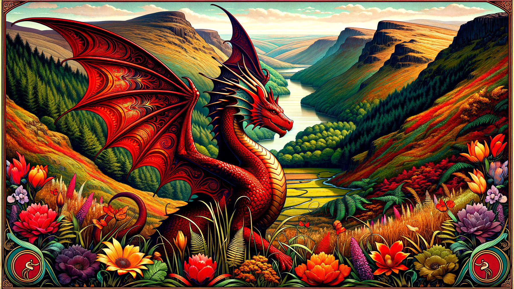 Red Dragon on Vibrant Hillside Overlooking Valley