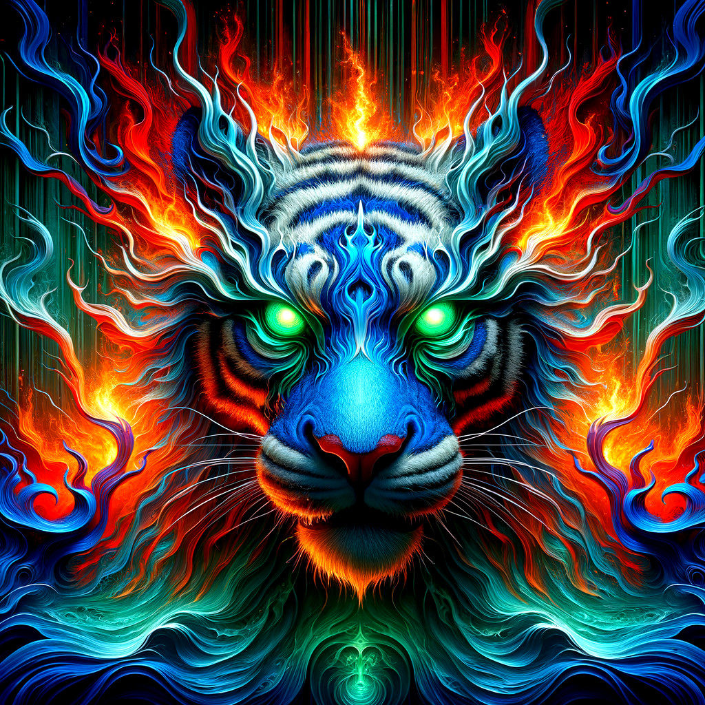 Vivid Tiger Face Surrounded by Colorful Flames
