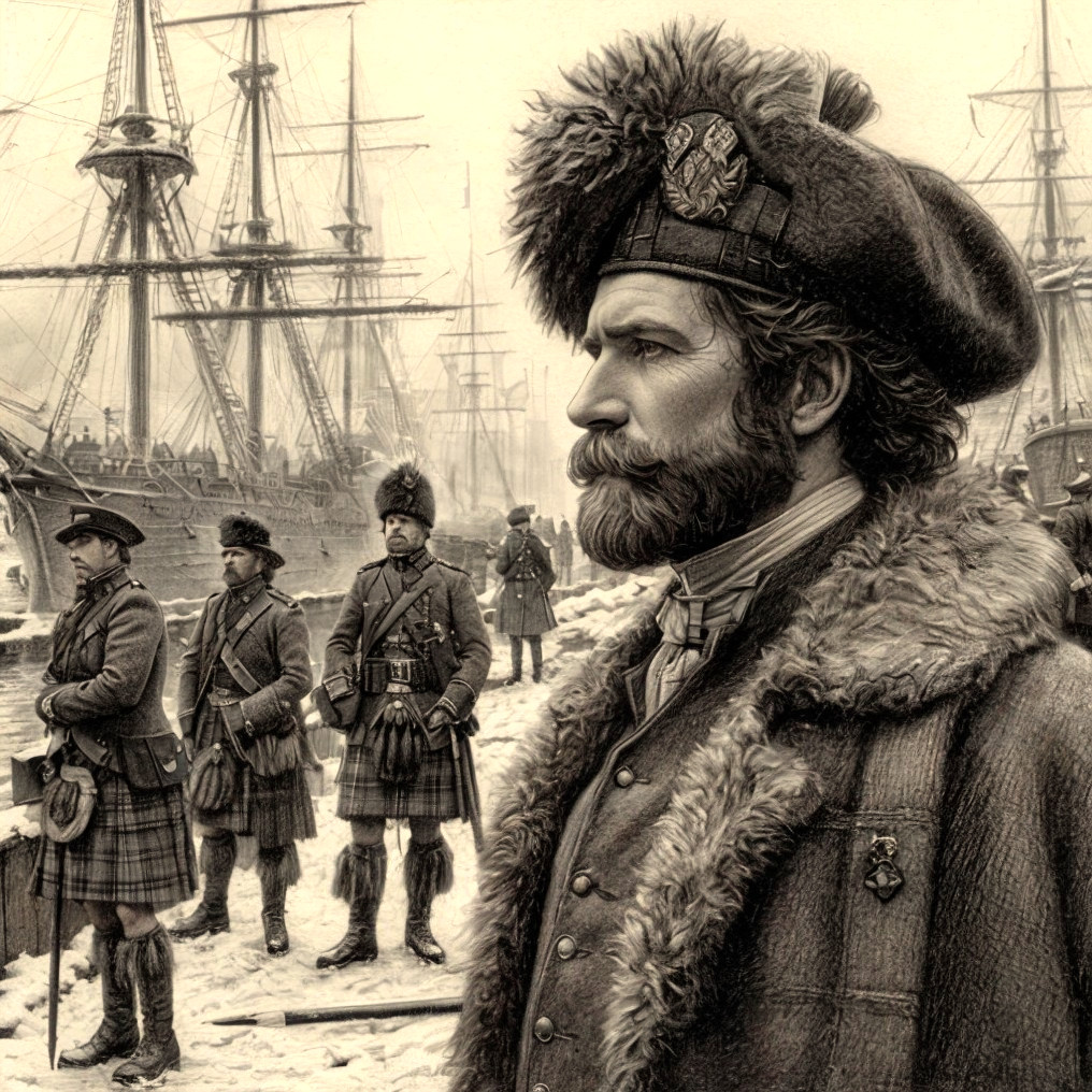 Scottish Soldiers in Traditional Uniform at Snowy Harbor