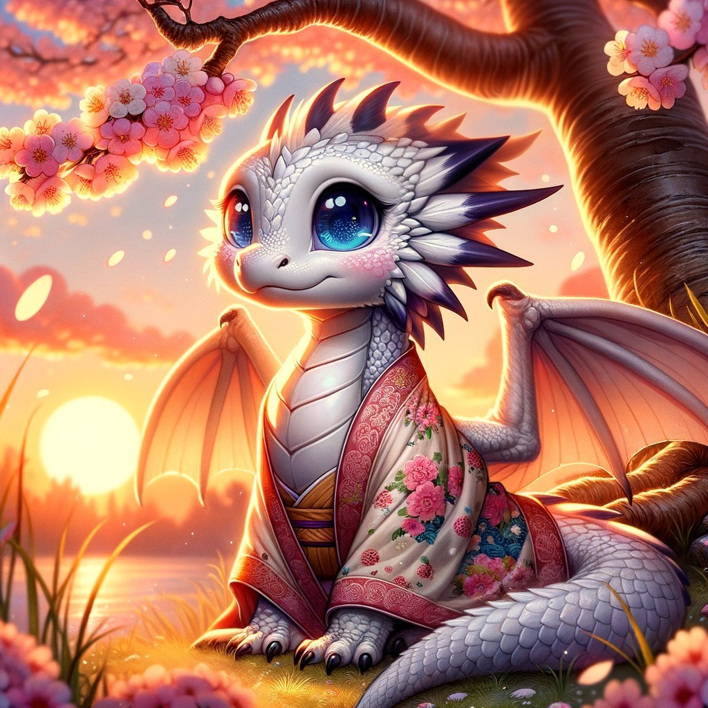 Cute dragon under cherry blossom tree at sunset