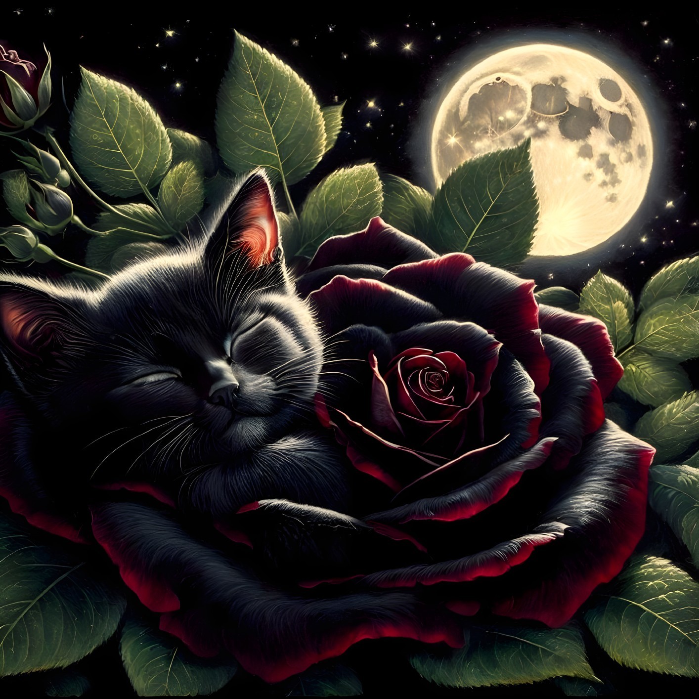 Black Cat Sleeping in Red Rose Under Full Moon