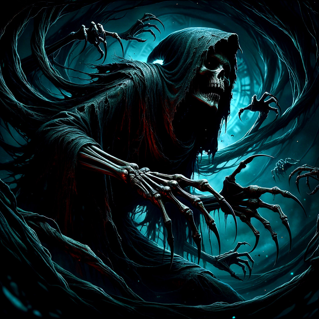 Haunting Figure in Dark Cloak with Eerie Glow