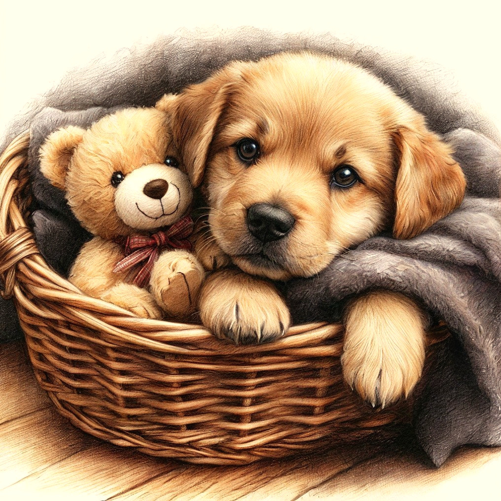 Golden Retriever Puppy in Basket with Teddy Bear