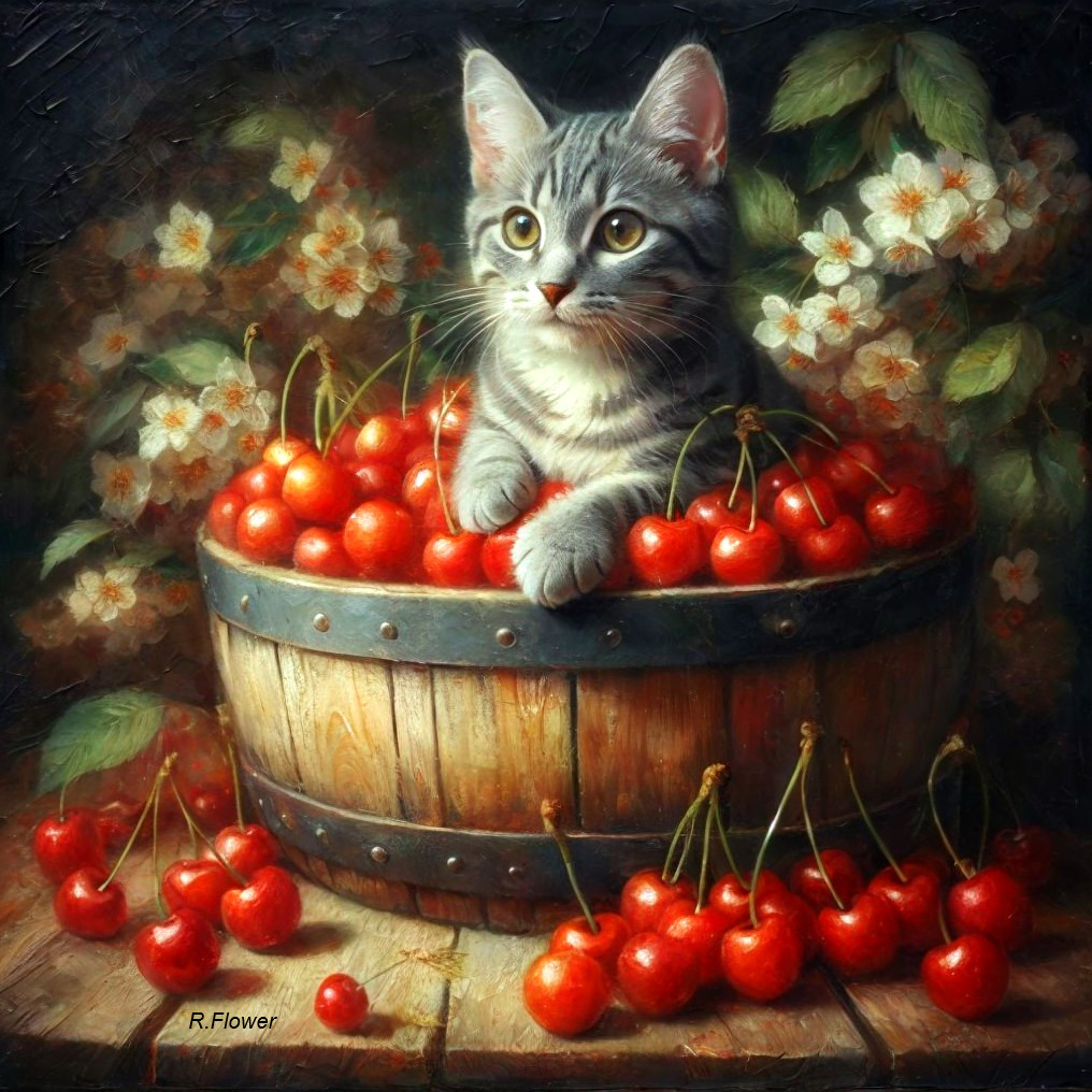 Grey Tabby Kitten in Basket with Cherries and Blossoms