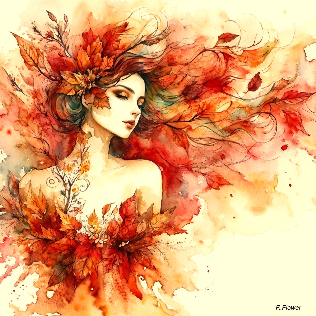 Watercolor illustration of woman with autumn leaves in hair and swirling colors.