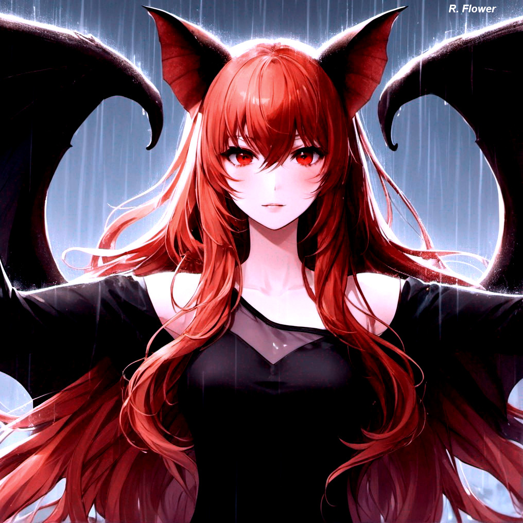 Character with Red Hair and Bat-Like Wings in Rain