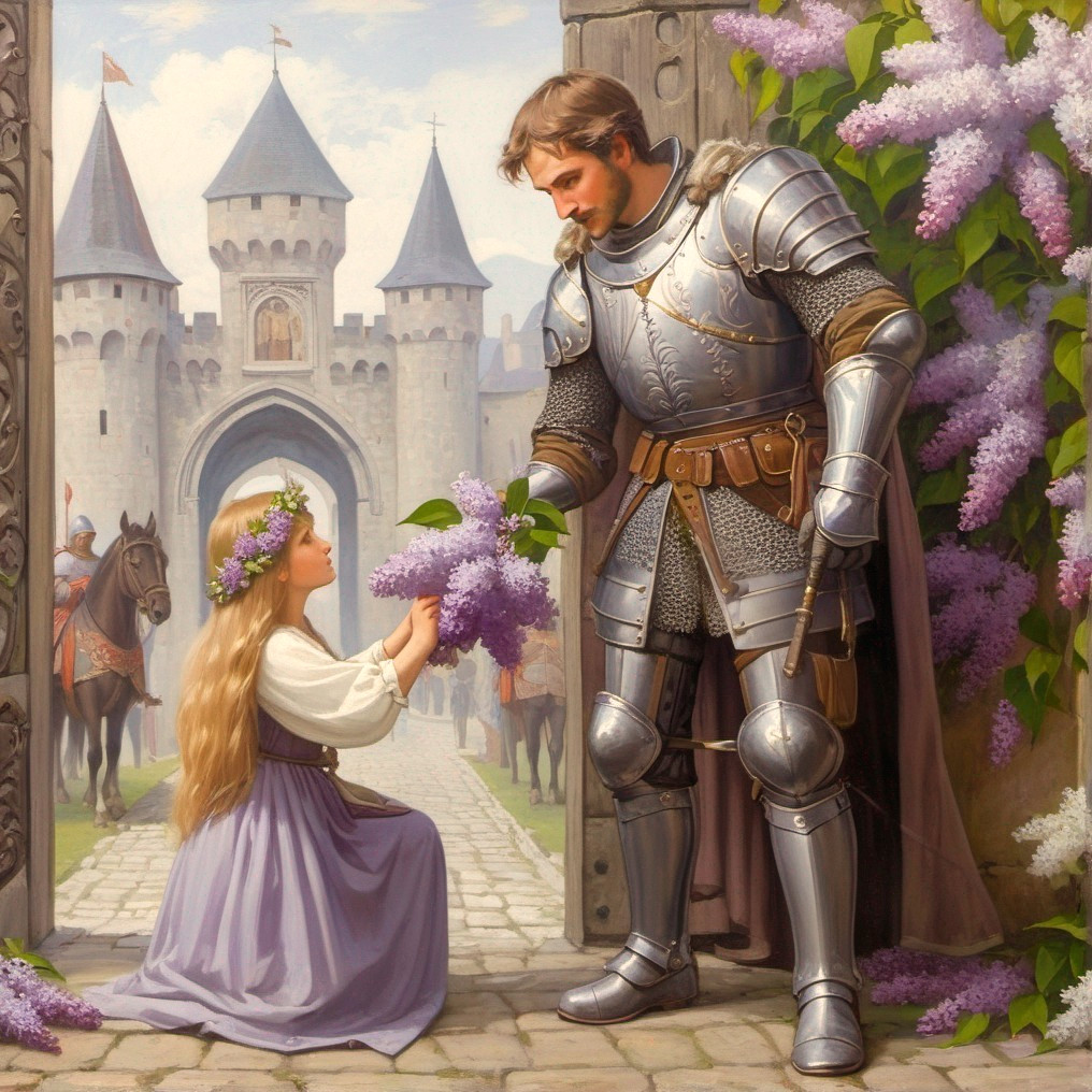Knight at Castle Gate with Lilacs and Flower Crown