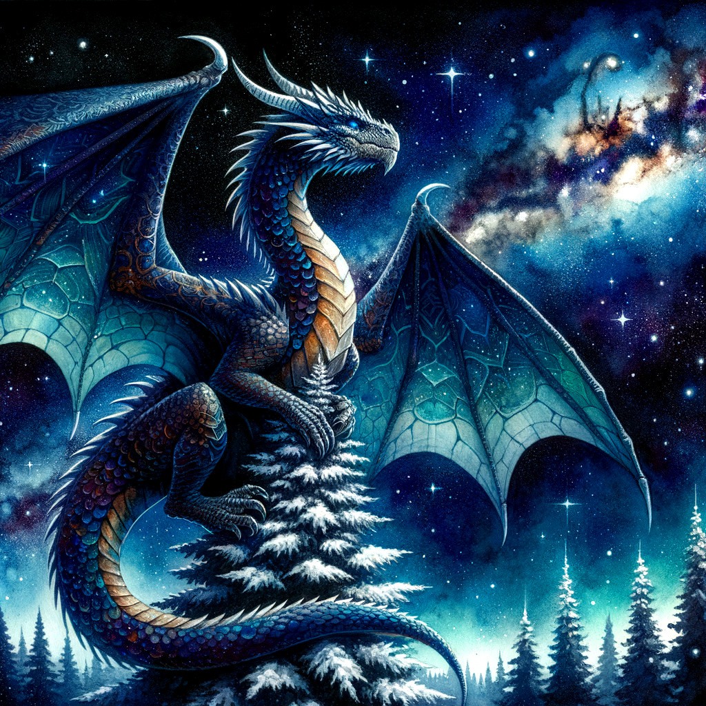 Majestic dragon on snow-covered pine tree under stars