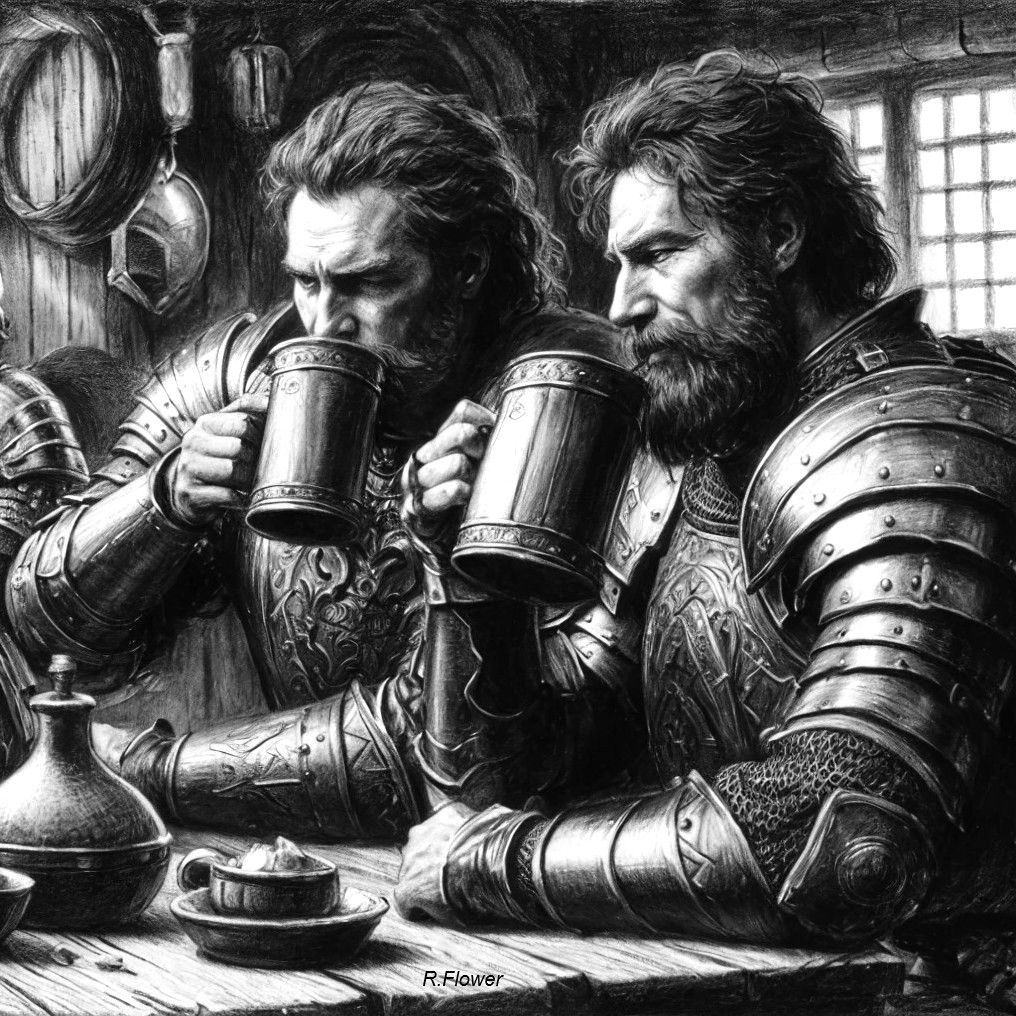 Armored medieval men drinking in a dim tavern