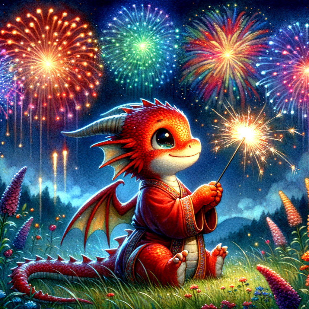 Cartoon Dragon in Meadow with Fireworks Display