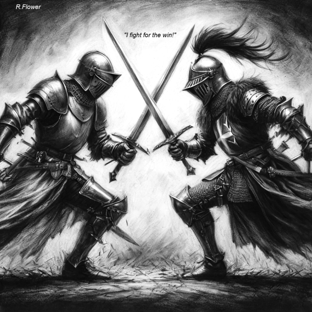 Medieval Knights Engaged in Sword Combat Under Dramatic Light