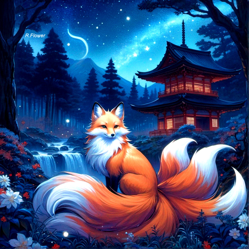 Enchanting forest scene with oversized mystical fox and pagoda under starry sky