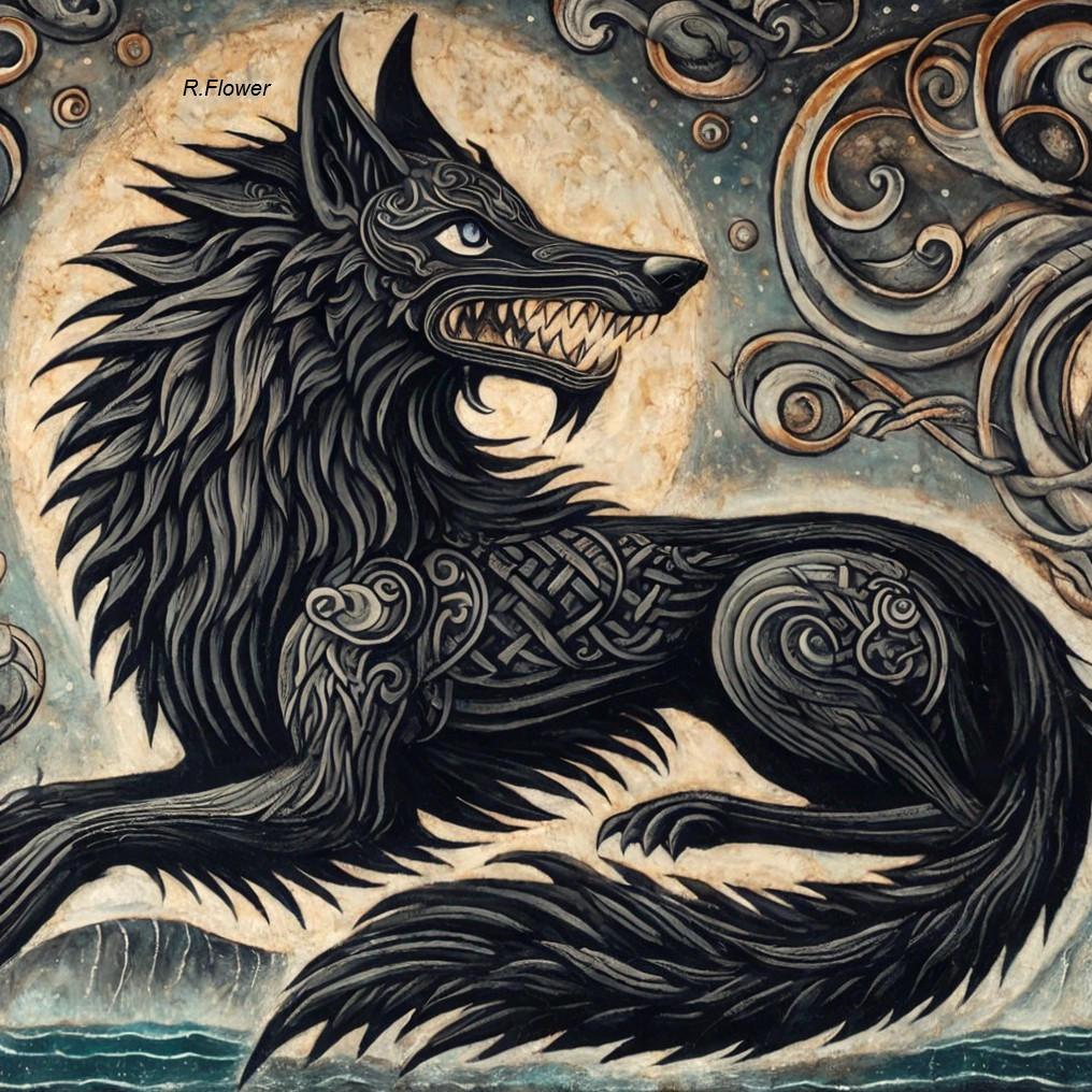 Stylized Black Wolf Illustration with Patterned Fur