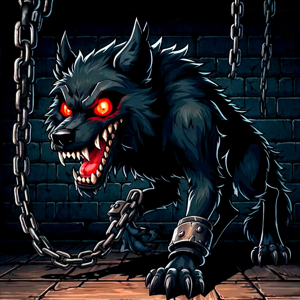 Chained Black Wolf in Dimly Lit Dungeon Setting