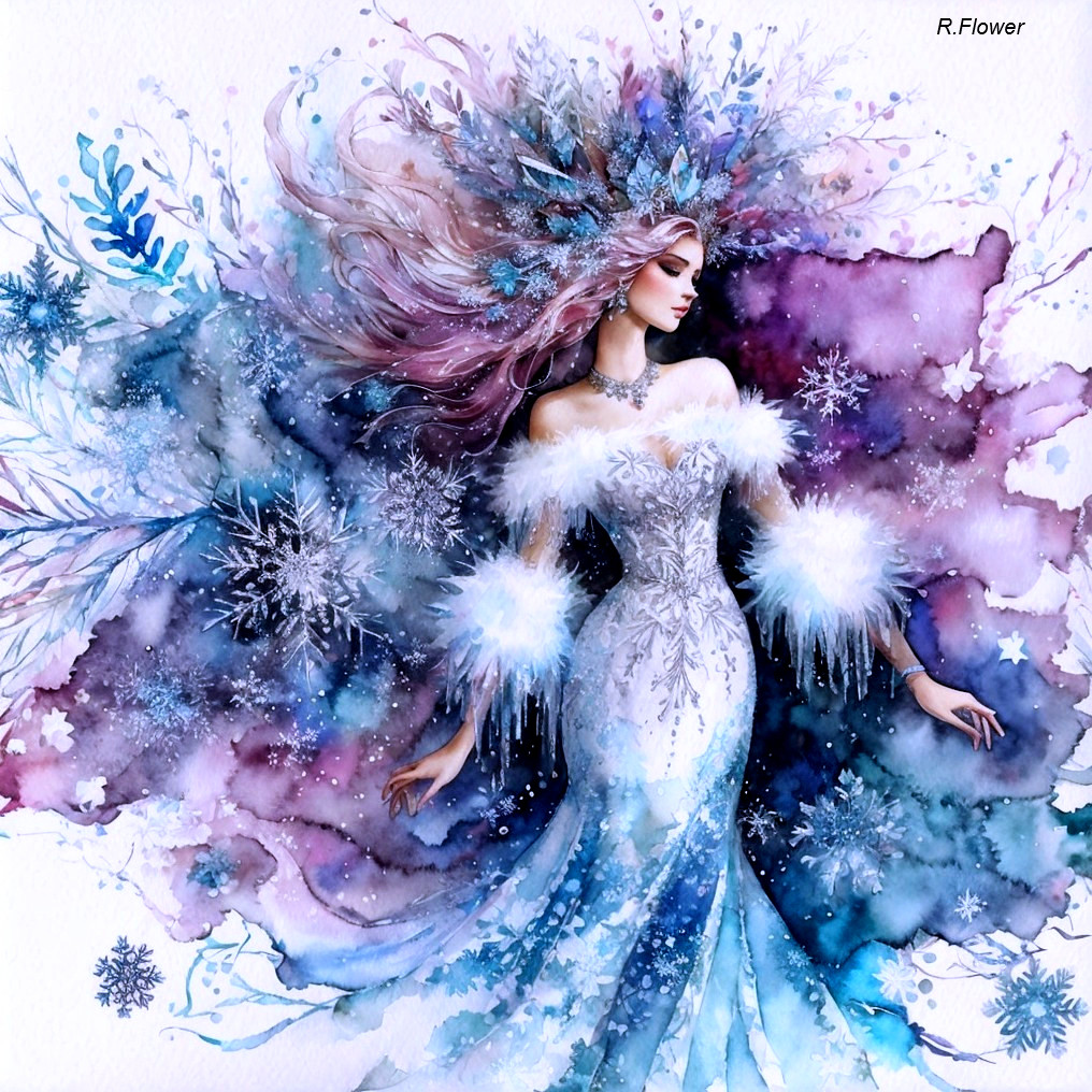 Ethereal Watercolor Illustration of Woman in Icy-Blue Gown