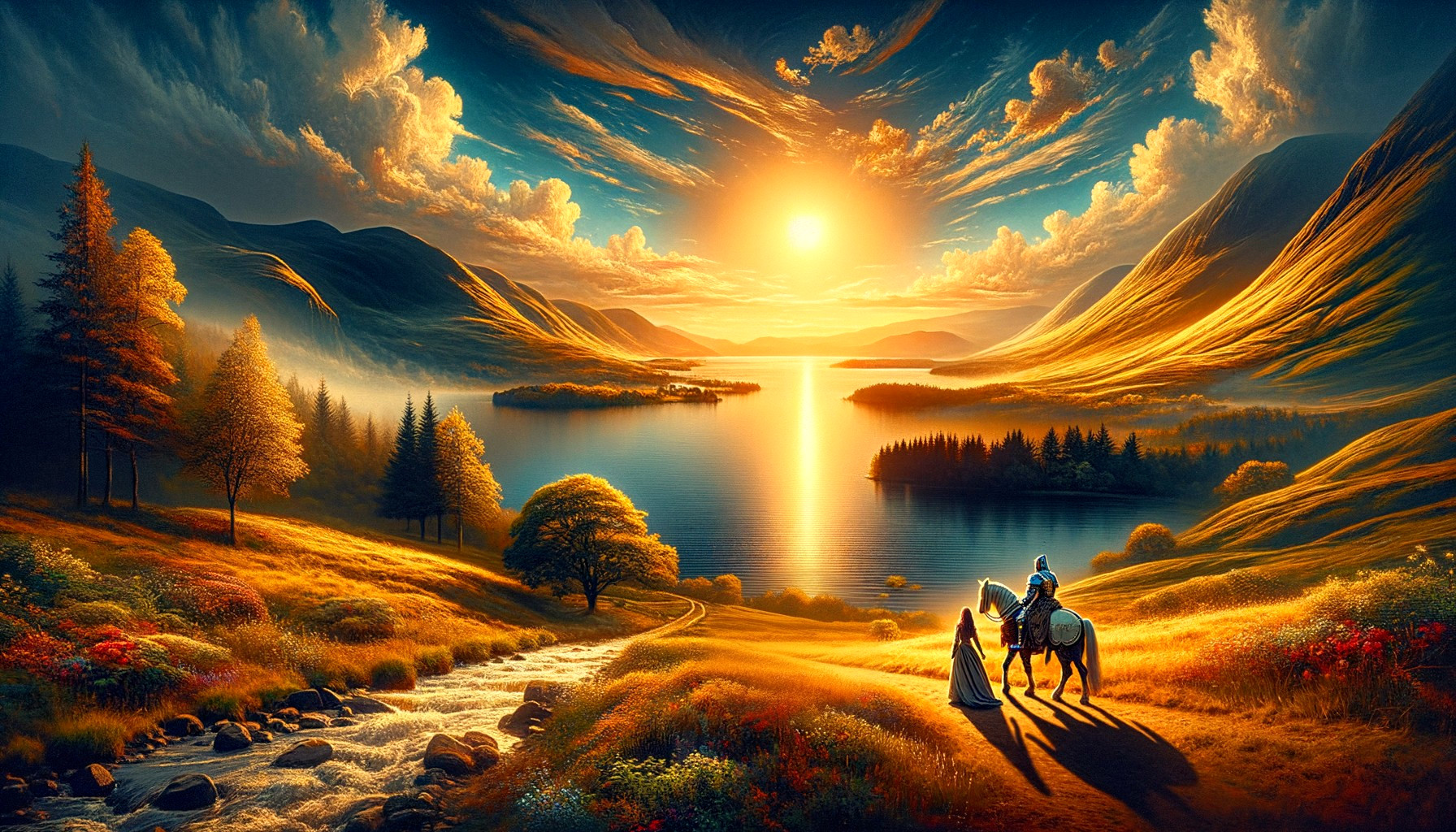 Golden Sunset Over Serene Lake with Rolling Hills