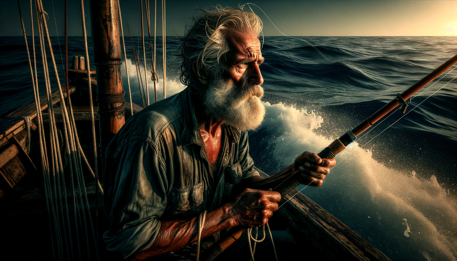 Elderly Fisherman in Small Boat at Sunset Sea