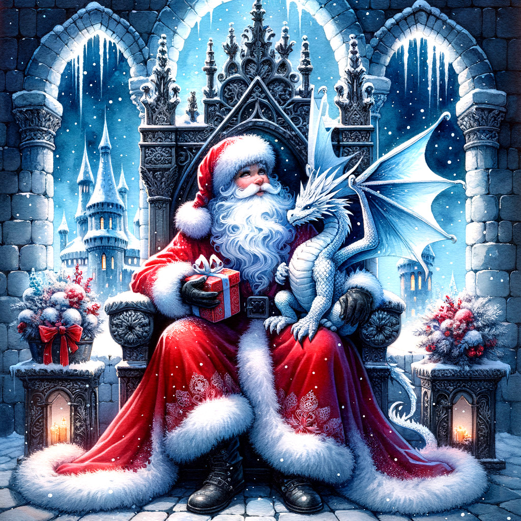 Santa Claus on Ornate Throne with White Dragon in Snow