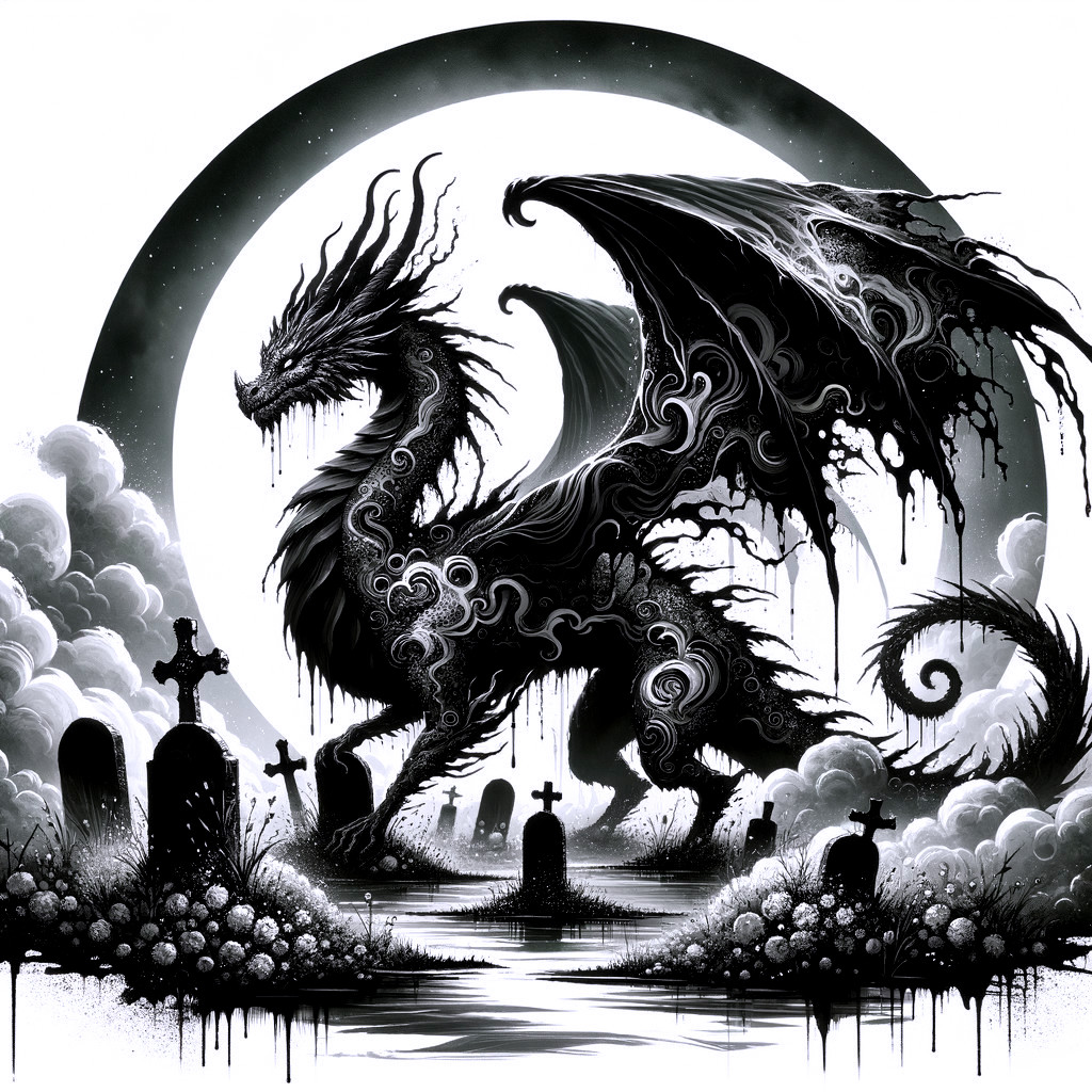 Dragon Over Graveyard in Black-and-White Illustration