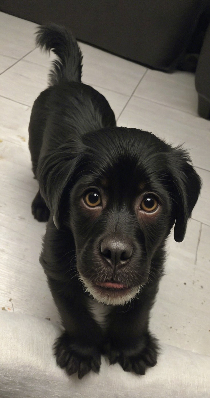 Playful black puppy with bright eyes in cozy setting