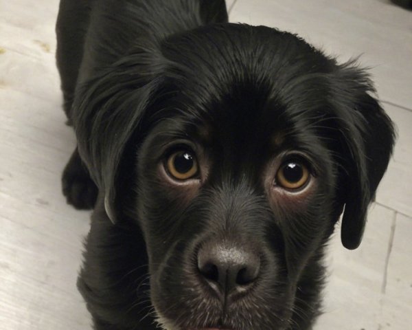 Playful black puppy with bright eyes in cozy setting