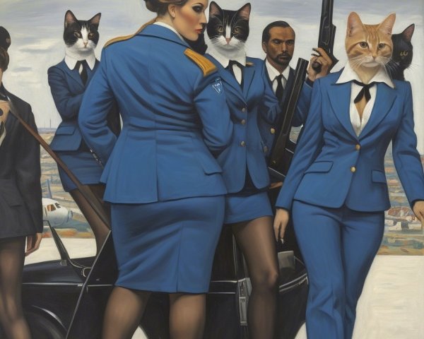 Whimsical Scene with Cat-Headed Figures in Uniforms