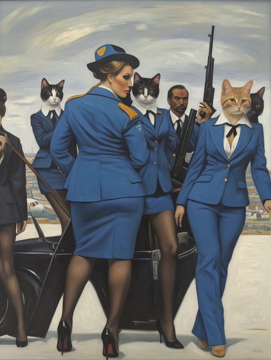Whimsical Scene with Cat-Headed Figures in Uniforms