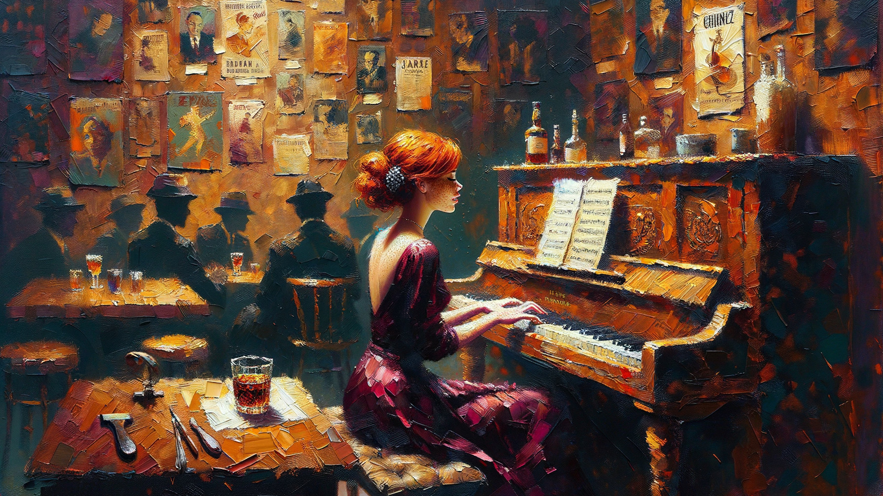 Red-haired Woman Playing Piano in Dimly Lit Bar
