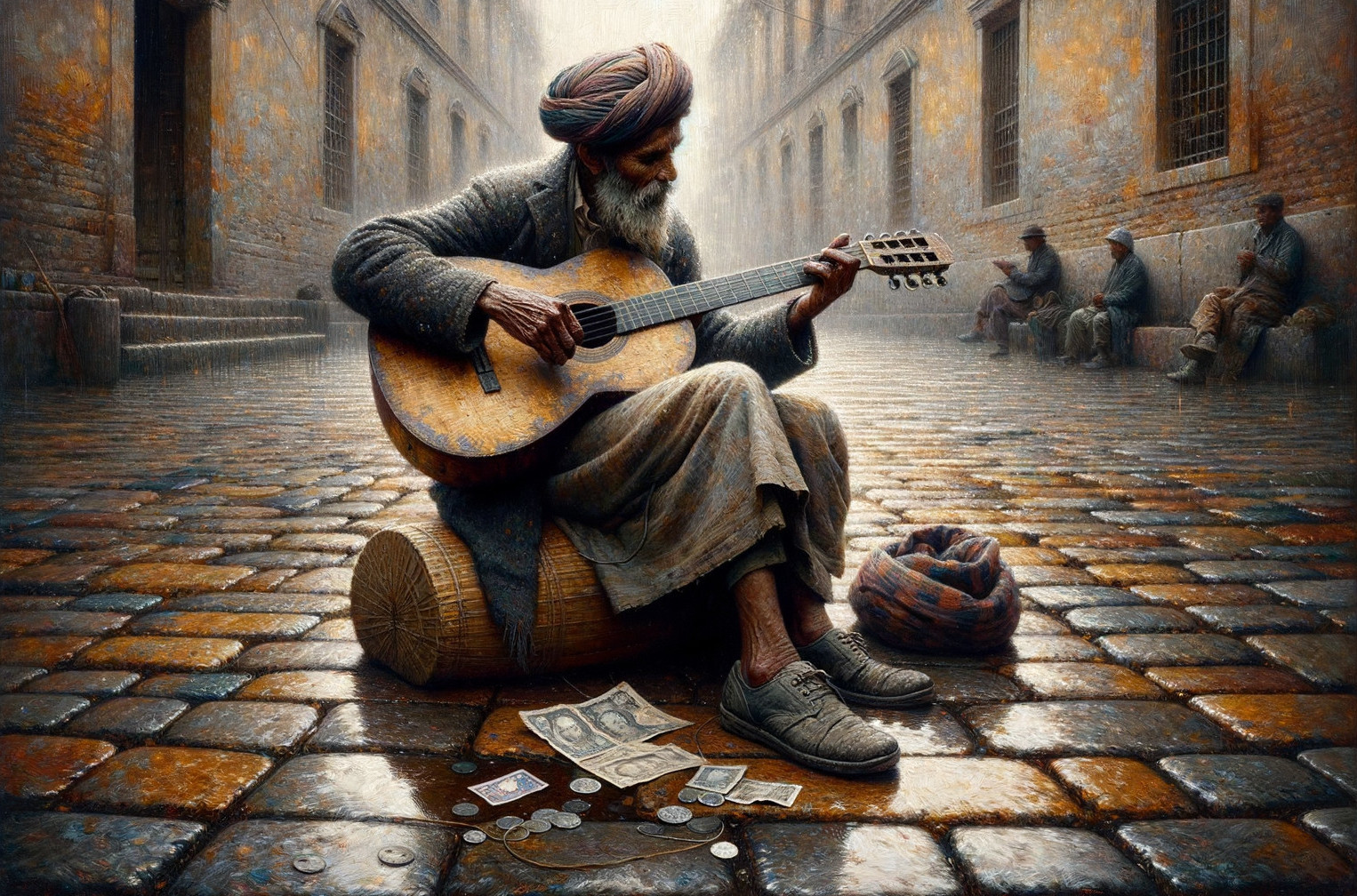 Elderly Musician Playing Guitar in Cobblestone Alley