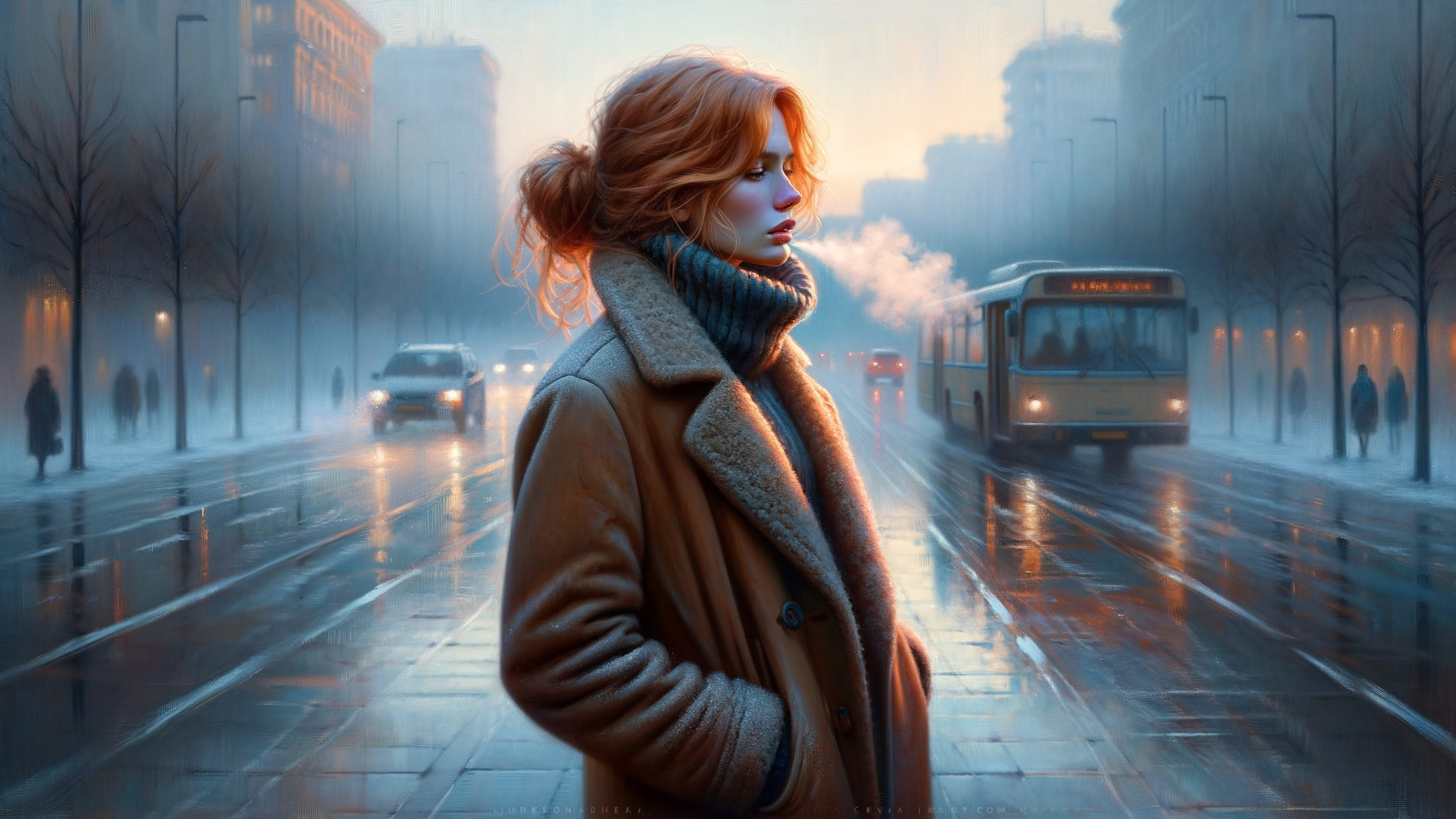 Realistic Painting of Red-Headed Woman at Dusk