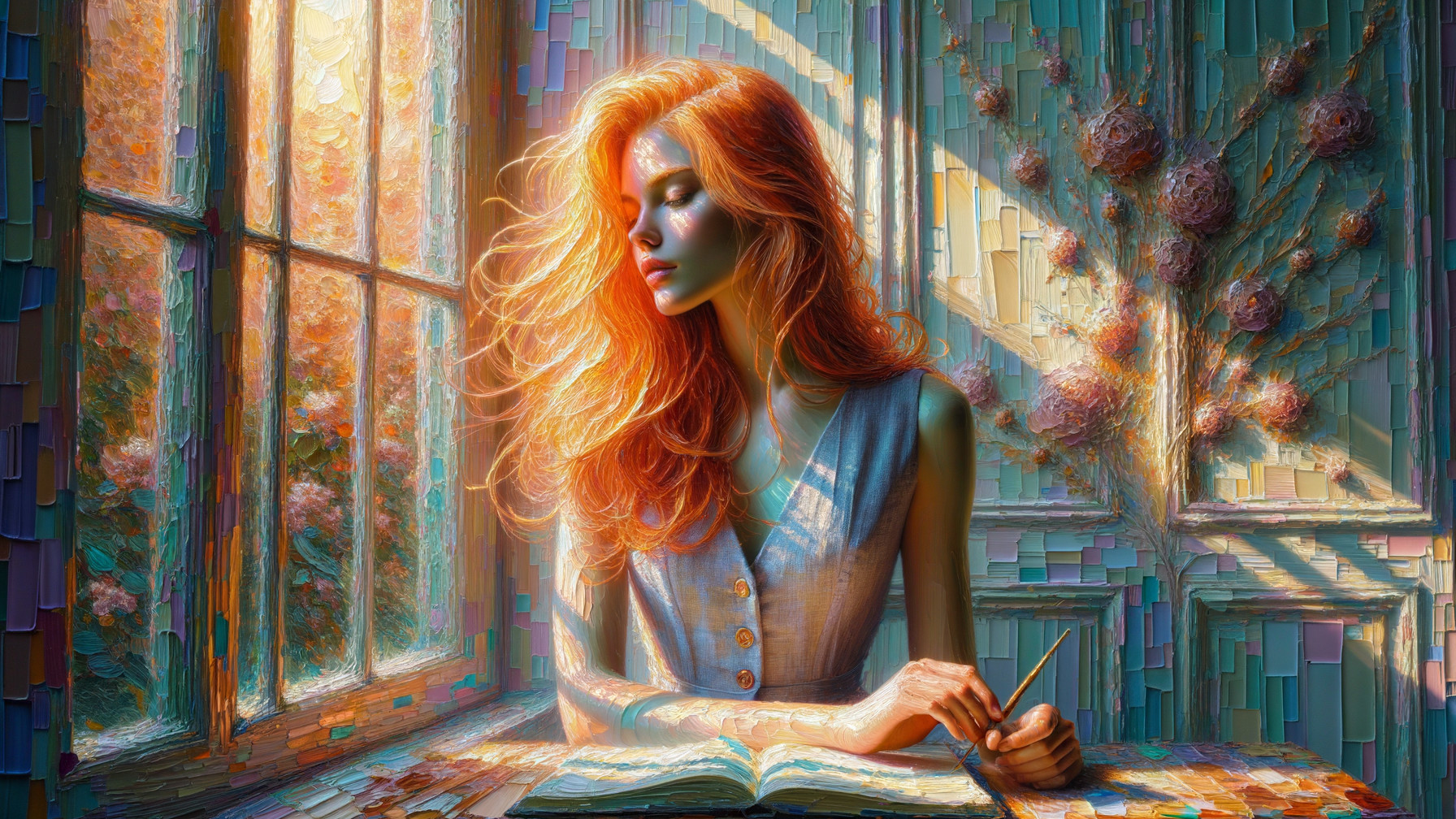 Woman with Red Hair by Sunlit Window in Cozy Room