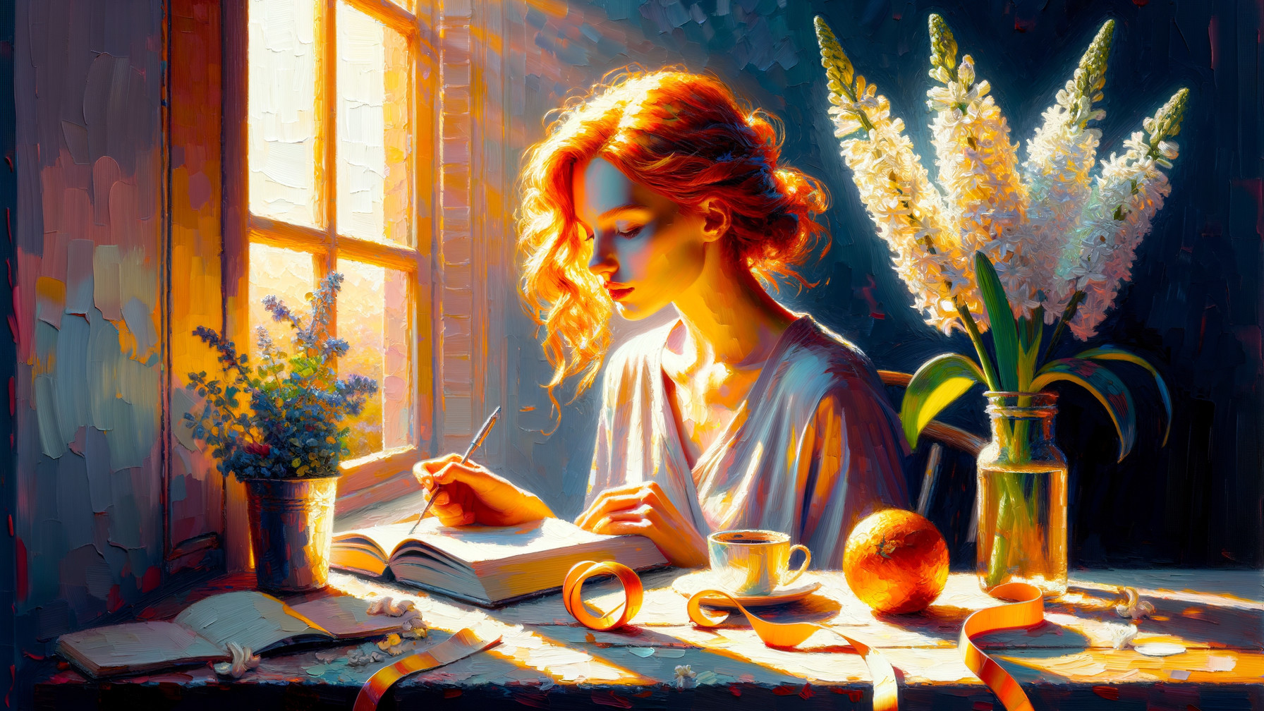 Young Woman Writing in Sunlit Cozy Setting