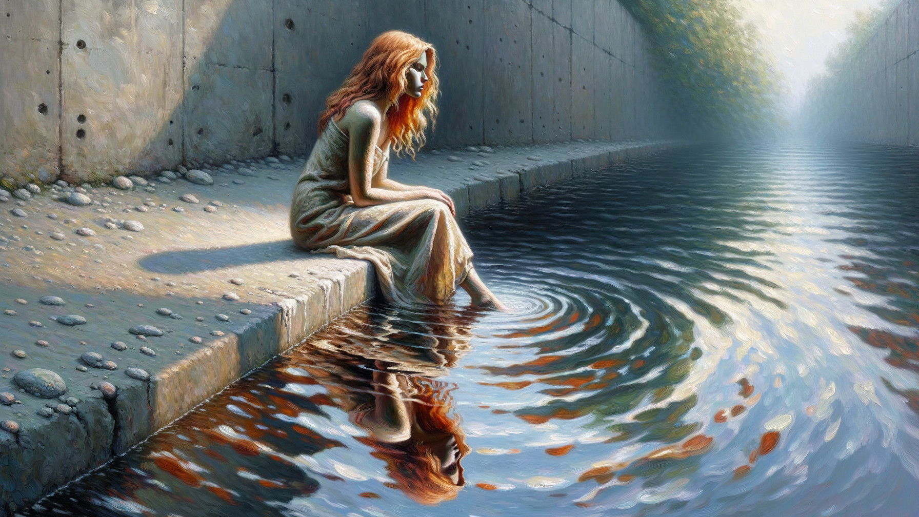 Young woman by tranquil waterway with flowing hair