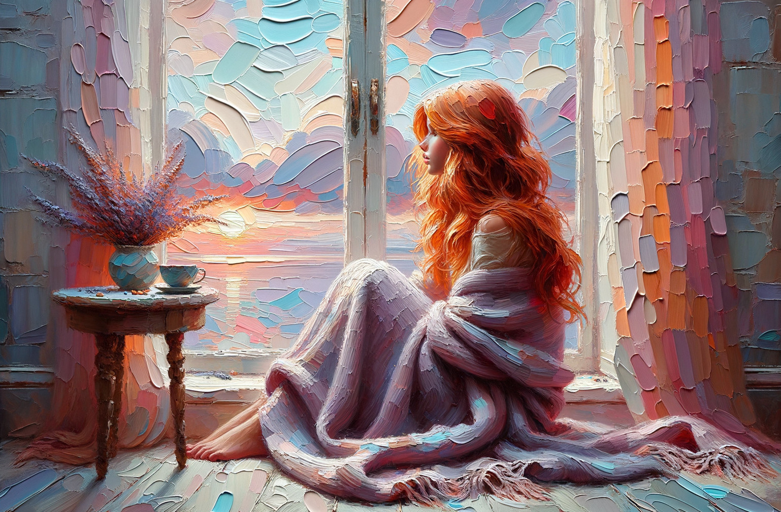 Young woman by window enjoying sunset and tranquility