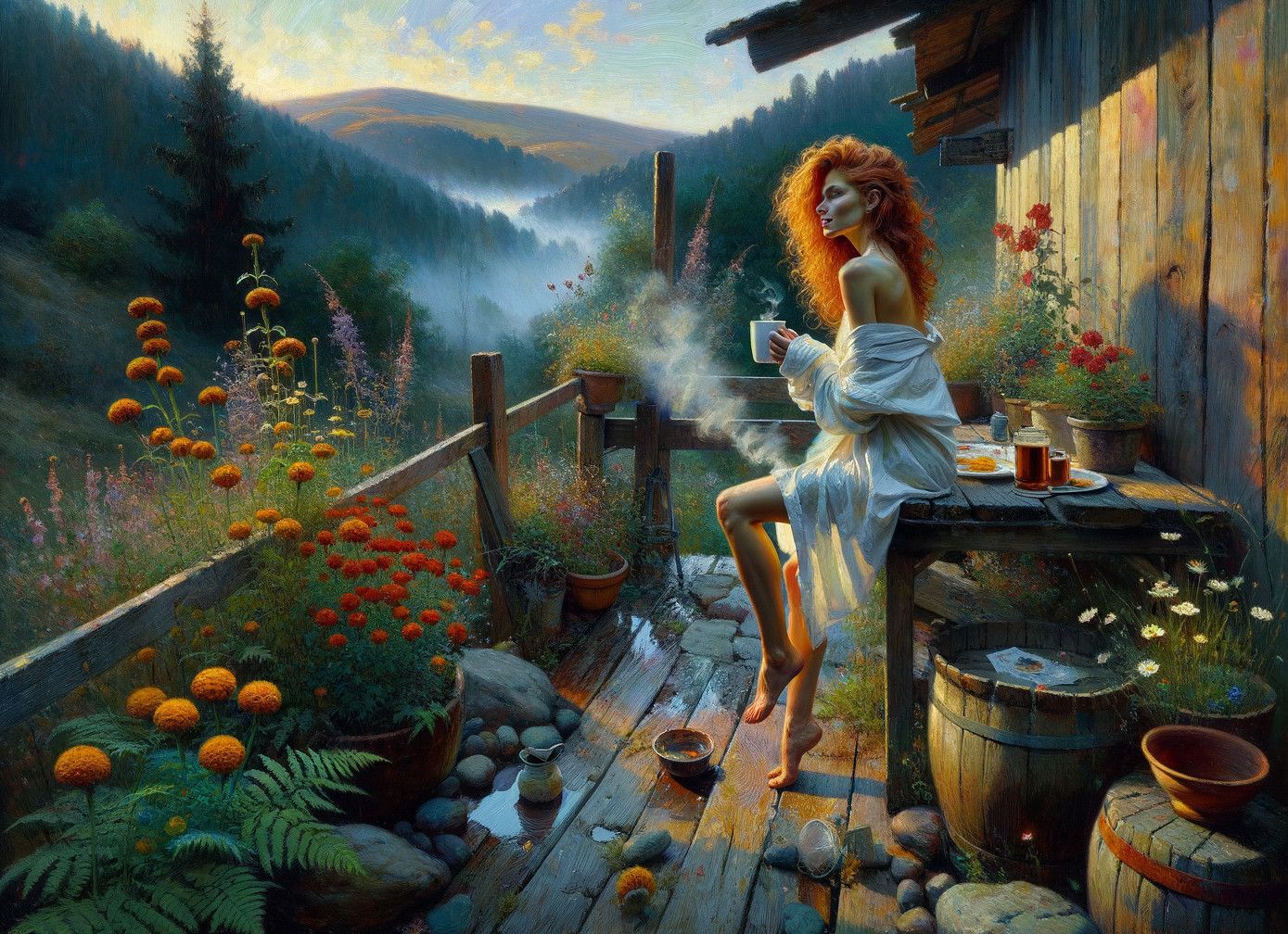 Serene Morning Scene on a Rustic Balcony with Flowers