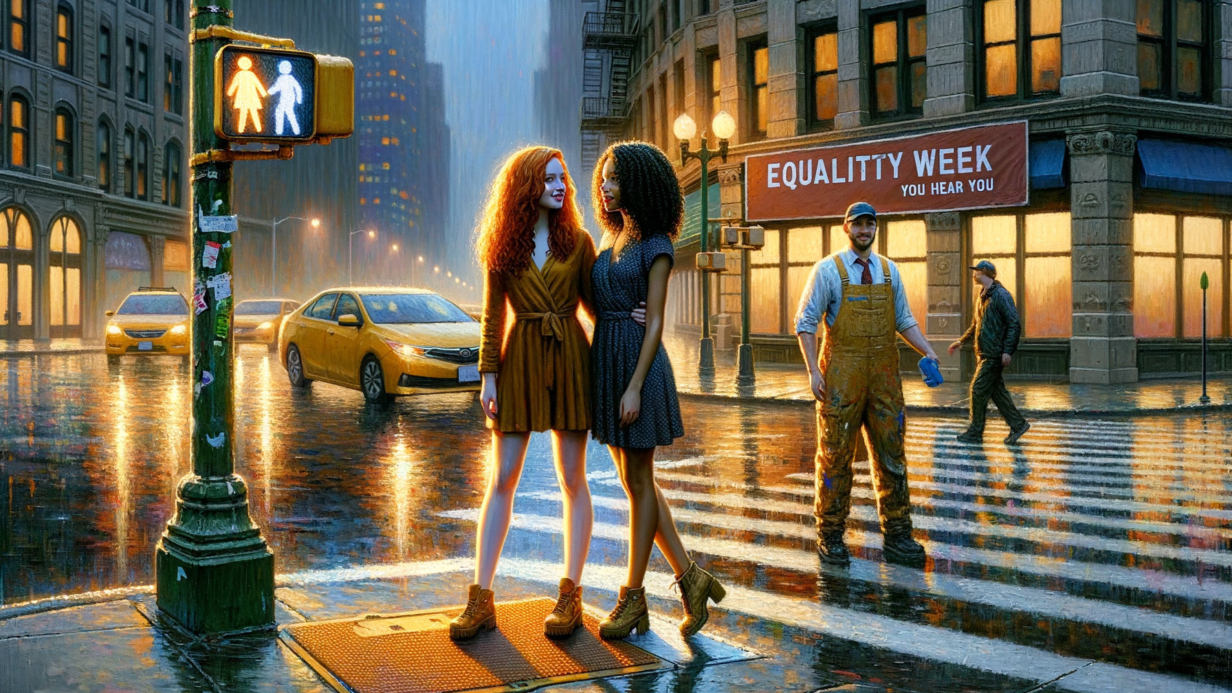 Urban Scene with Women, Taxi, and Equality Banner
