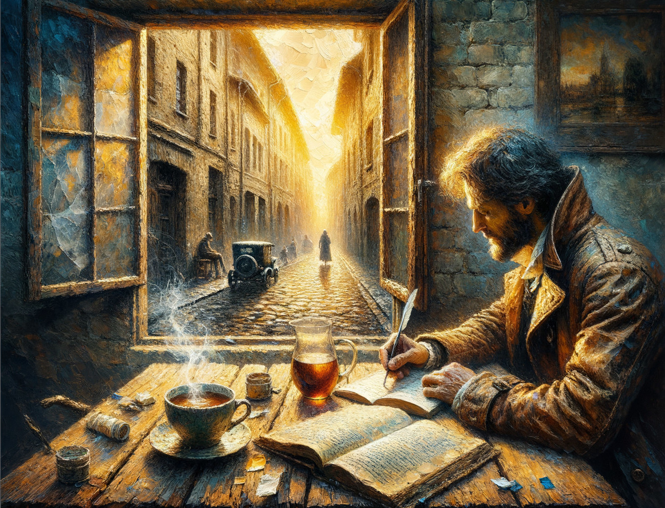 Sunlit Street Scene with Man Writing at Wooden Table