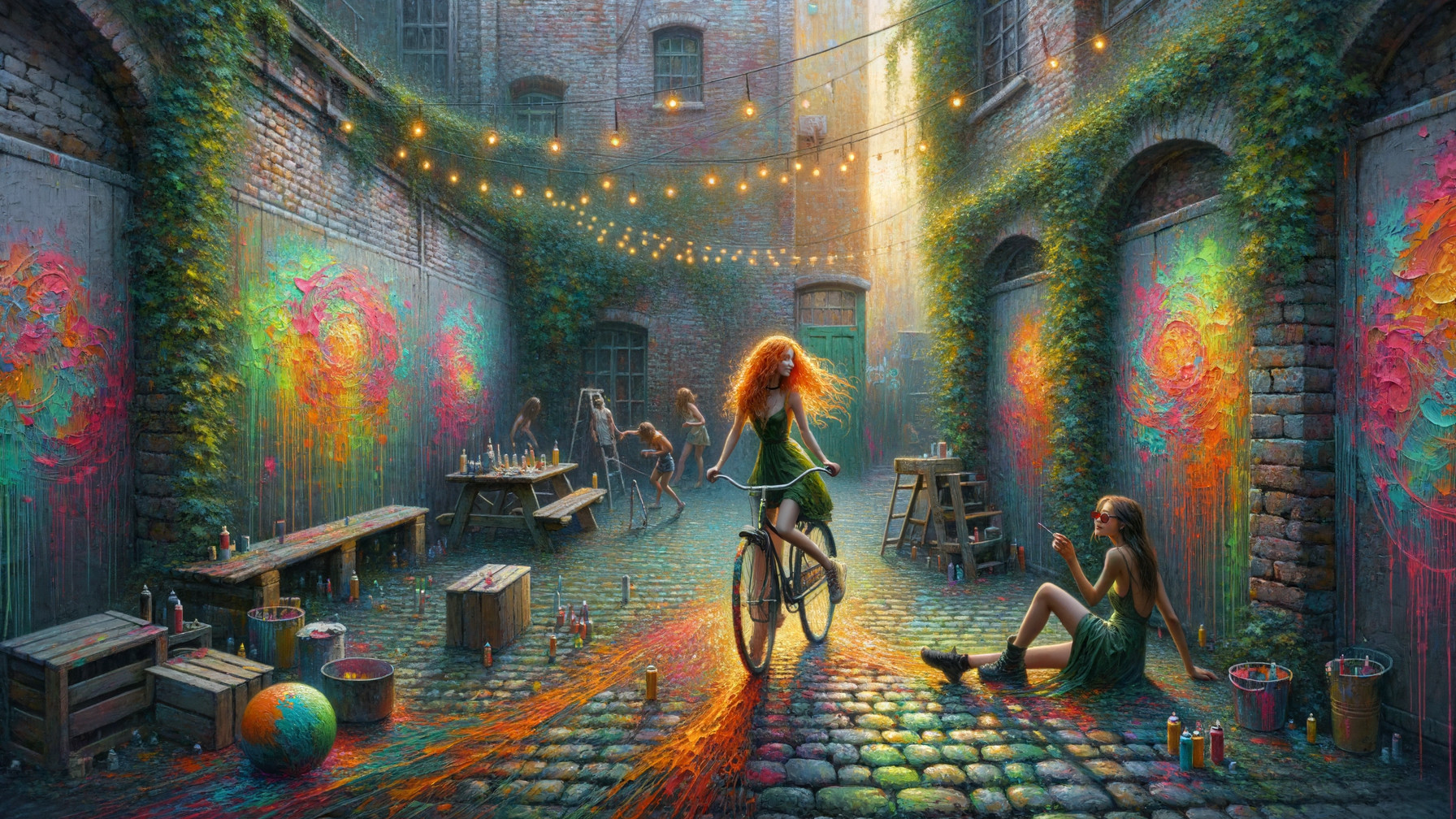 Vibrant Alleyway Scene with Murals and Bicycles