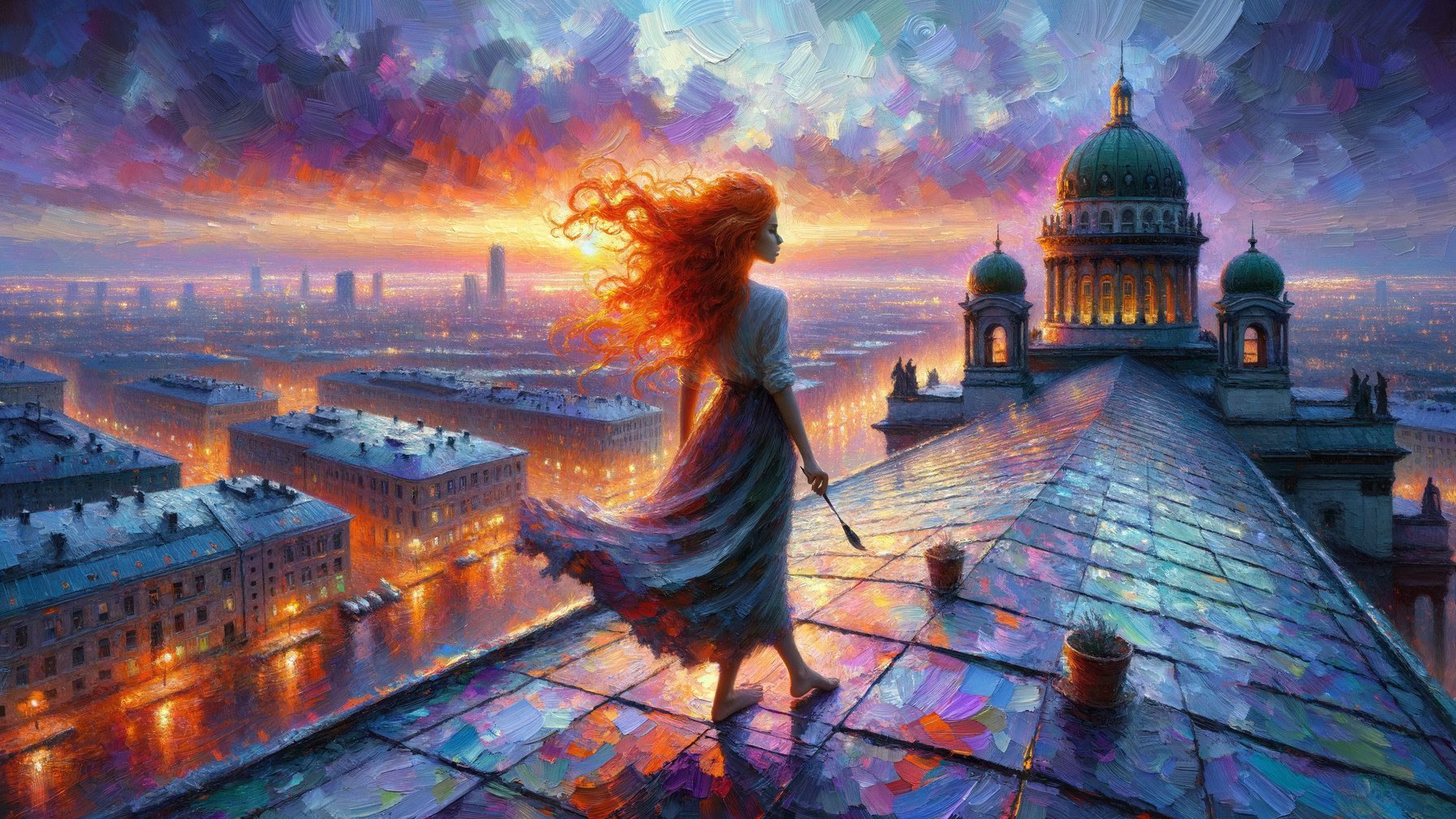 Vibrant Sunset Over Cityscape with Rooftop View