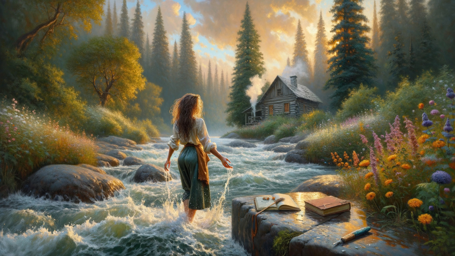 Woman Wading Through Stream in Serene Landscape