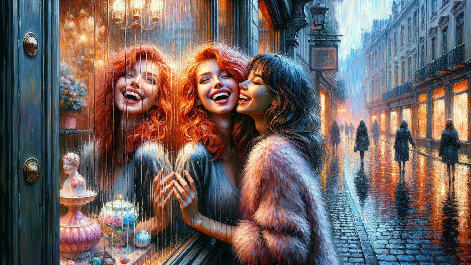 Joyful Women in Rainy Parisian Street Reflection