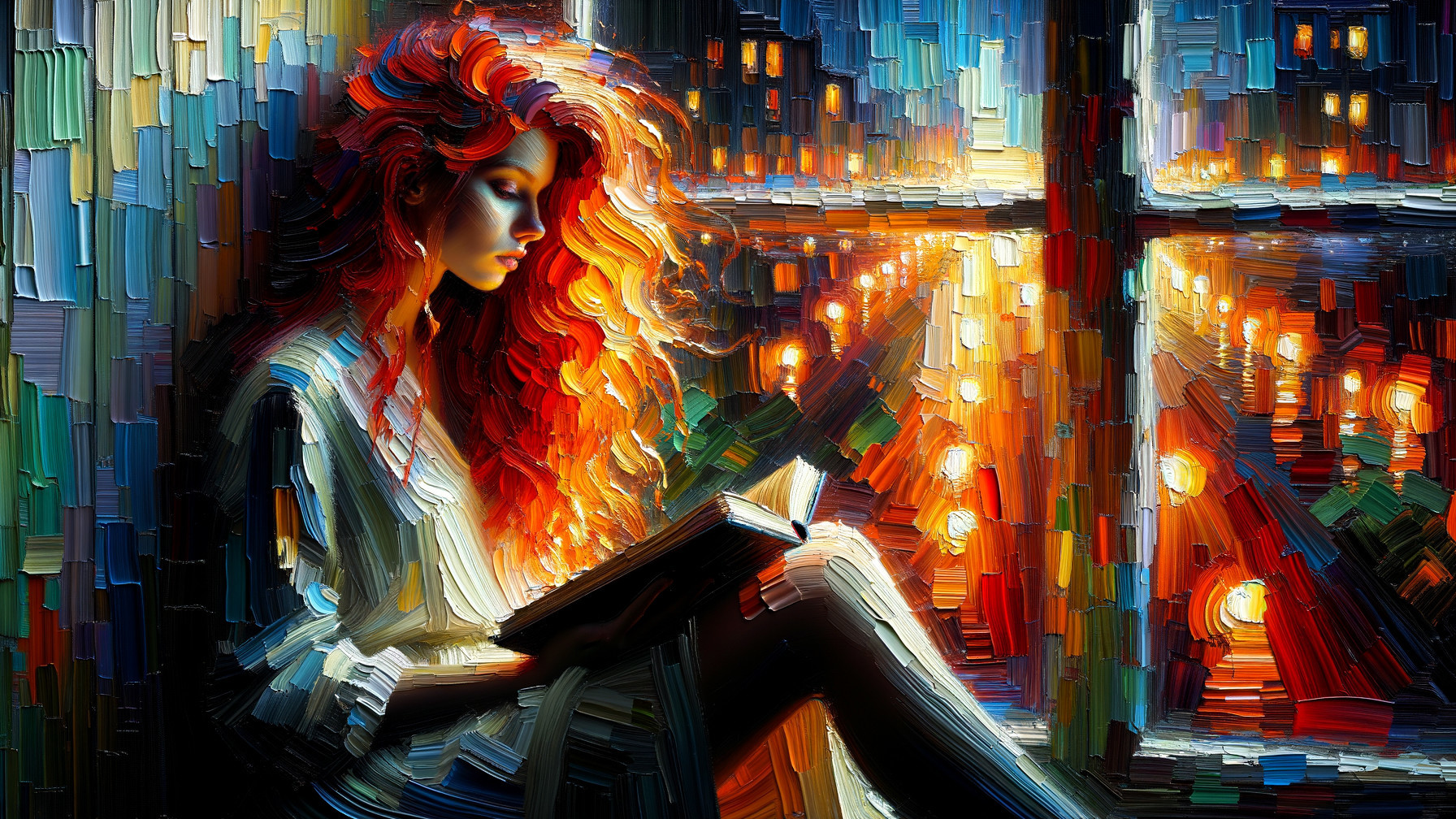 Woman with Red Hair Reading by a Window at Night