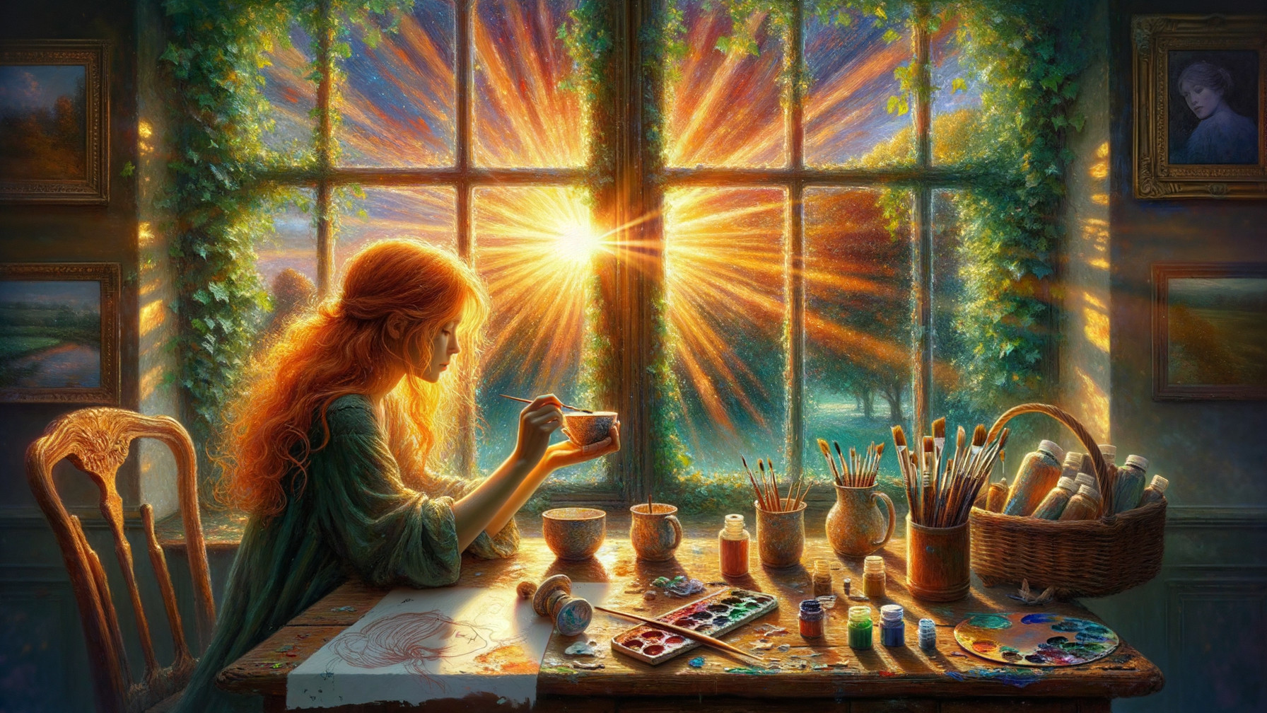 Young Woman at Rustic Table with Art Supplies