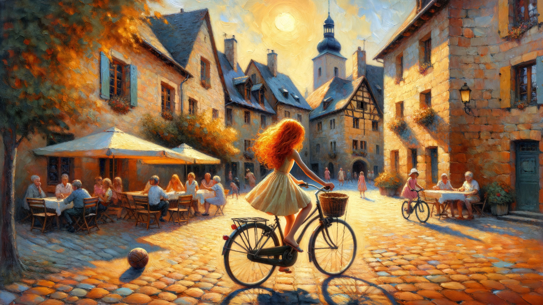 Sunlit Village Scene with Cobblestone Streets and Diners