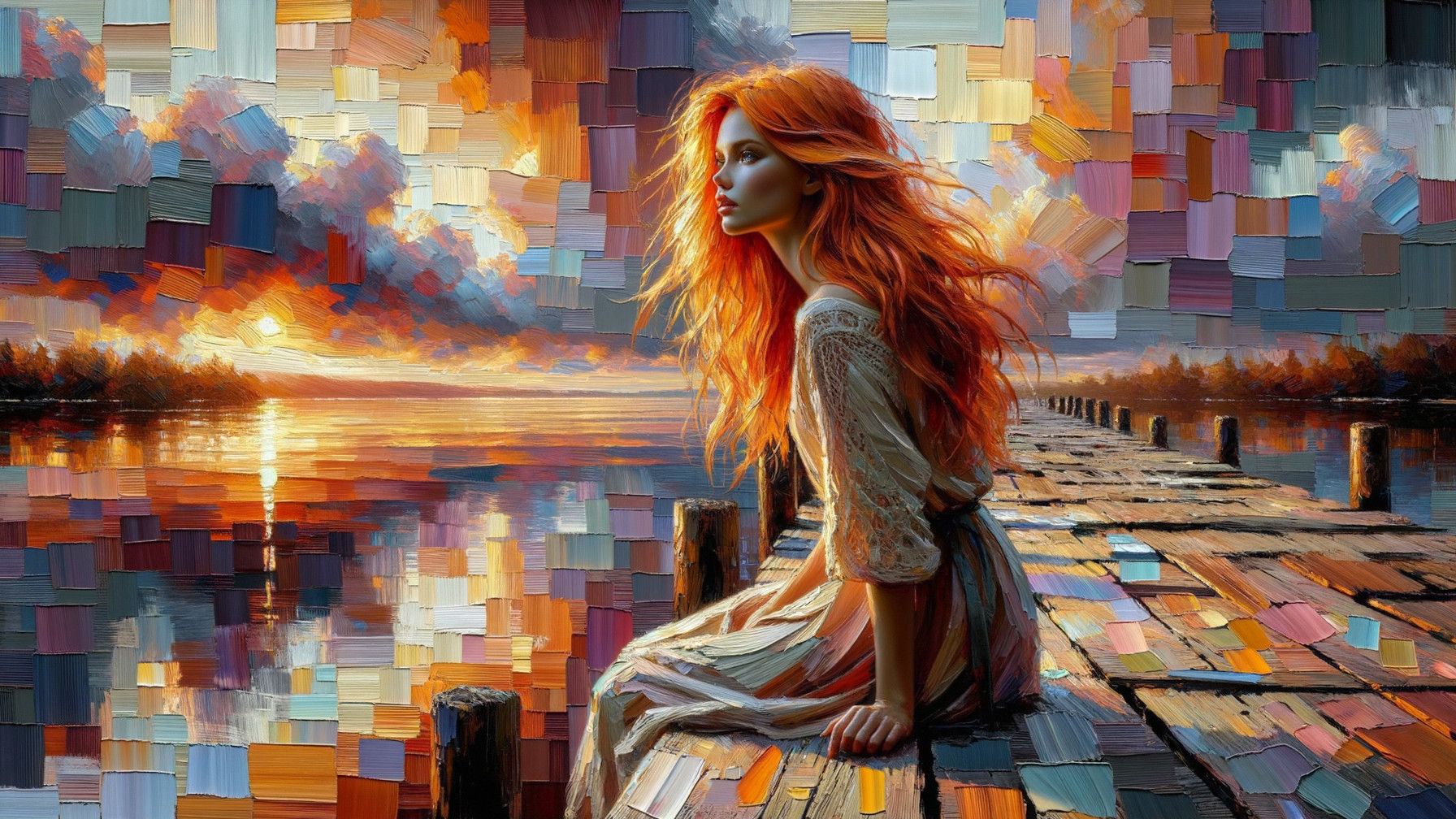 Young Woman on Pier at Vibrant Sunset Scene