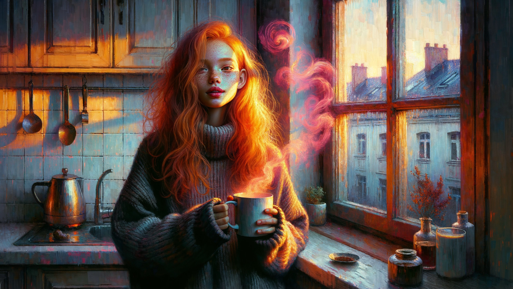 Young Woman in Sunlit Rustic Kitchen with Mug