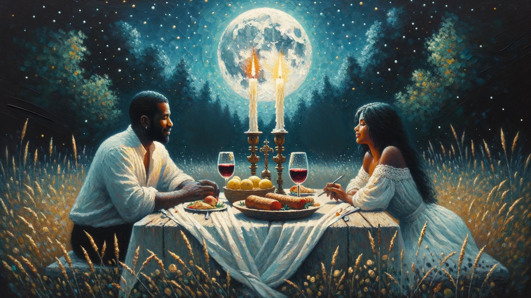 Romantic Outdoor Dinner Scene Under Full Moon